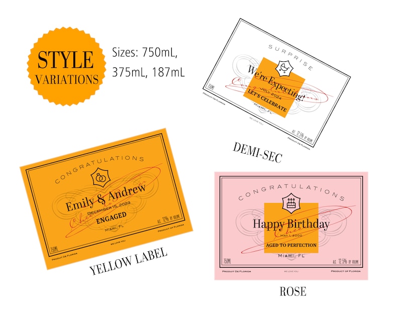 Custom Champagne Labels. Yellow Label, Rose and Demi-Sec