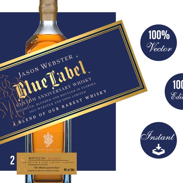 Johnnie Walker Label, Blue Label, Customize and Personalize, Johnnie Walker Birthday Gift, Printable Realistic Liquor Label.