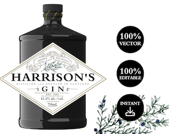 Hendricks Gin label. Easy to customize printable label. Instant download.  Hendricks Gin realistic label template.