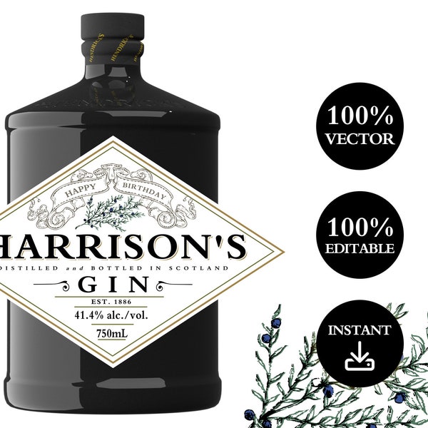 Hendricks Gin label. Easy to customize printable label. Instant download.  Hendricks Gin realistic label template.