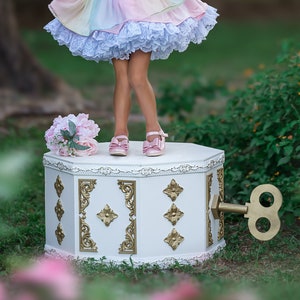 以下が含まれることがあります： 虹と白のレースのトリムが付いたドレスを着た若い女の子が、金の鍵が付いた白いオルゴールの上に立っています。オルゴールは金色のアクセントと花の模様で飾られています。ピンクの花のブーケがオルゴールの上に置かれています。