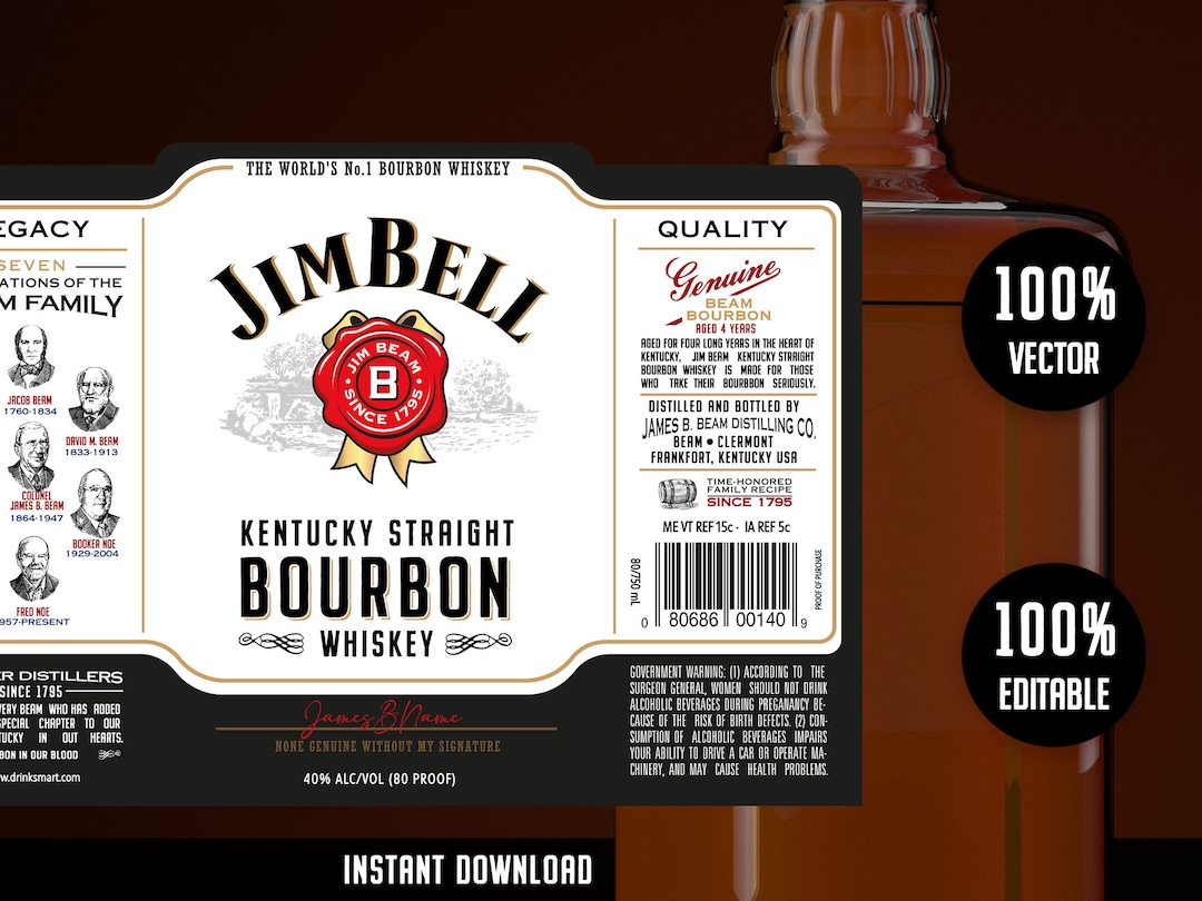 Jim Beam Label. Easy to Customize Printable Label. Instant Download