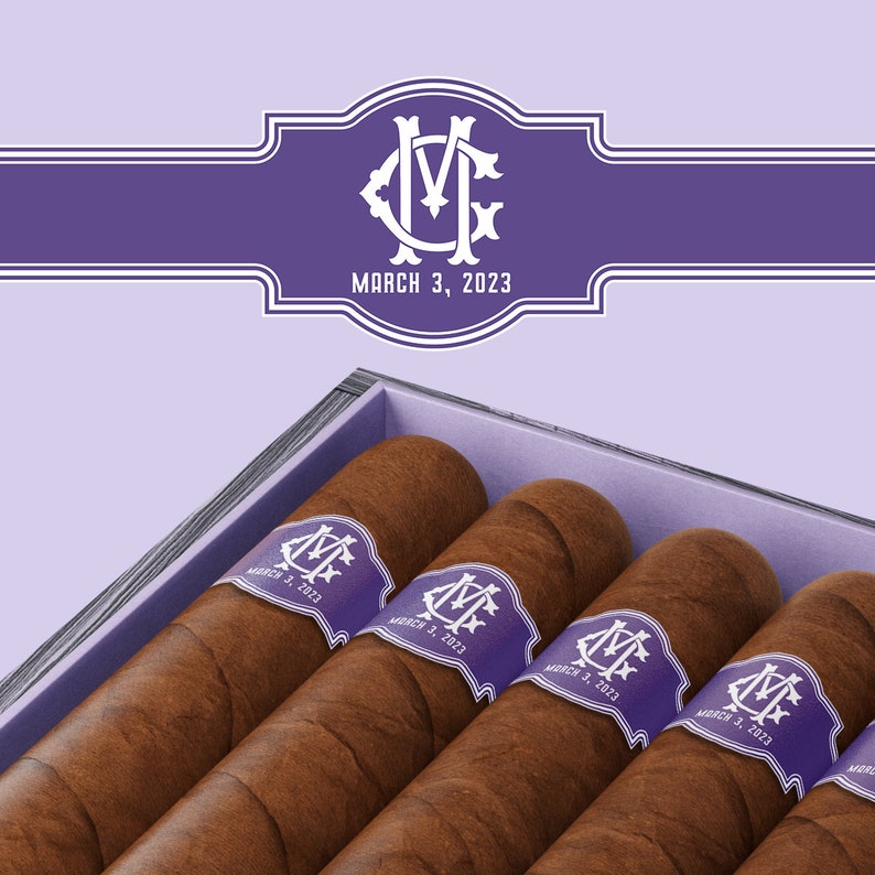 May include: A wooden box containing five brown cigars with purple and white labels that read "MARCH 3, 2023".
