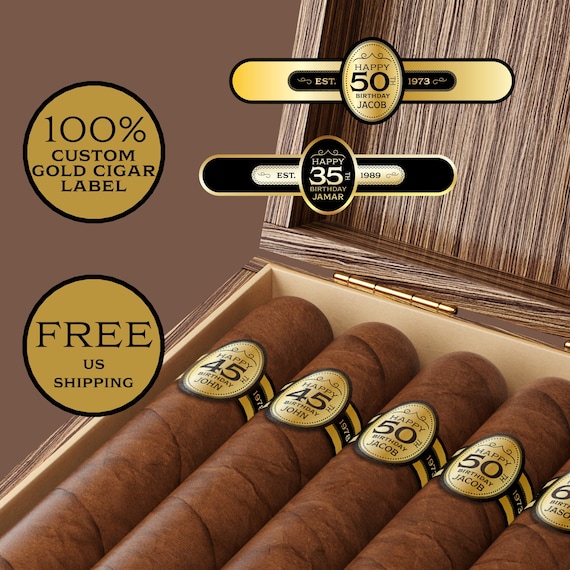 Birthday Cigar Label. Custom Milestone Cigar Band. Birthday Favors. Mirror Gold Finish.