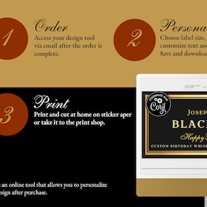 May include: A three-step guide for creating custom labels using the Corjl online design tool. The steps are: 1. Order, 2. Personalize, and 3. Print. A sample label is shown for a bottle of whiskey with the text "Joseph Webster Black Lab Happy Birthday".
