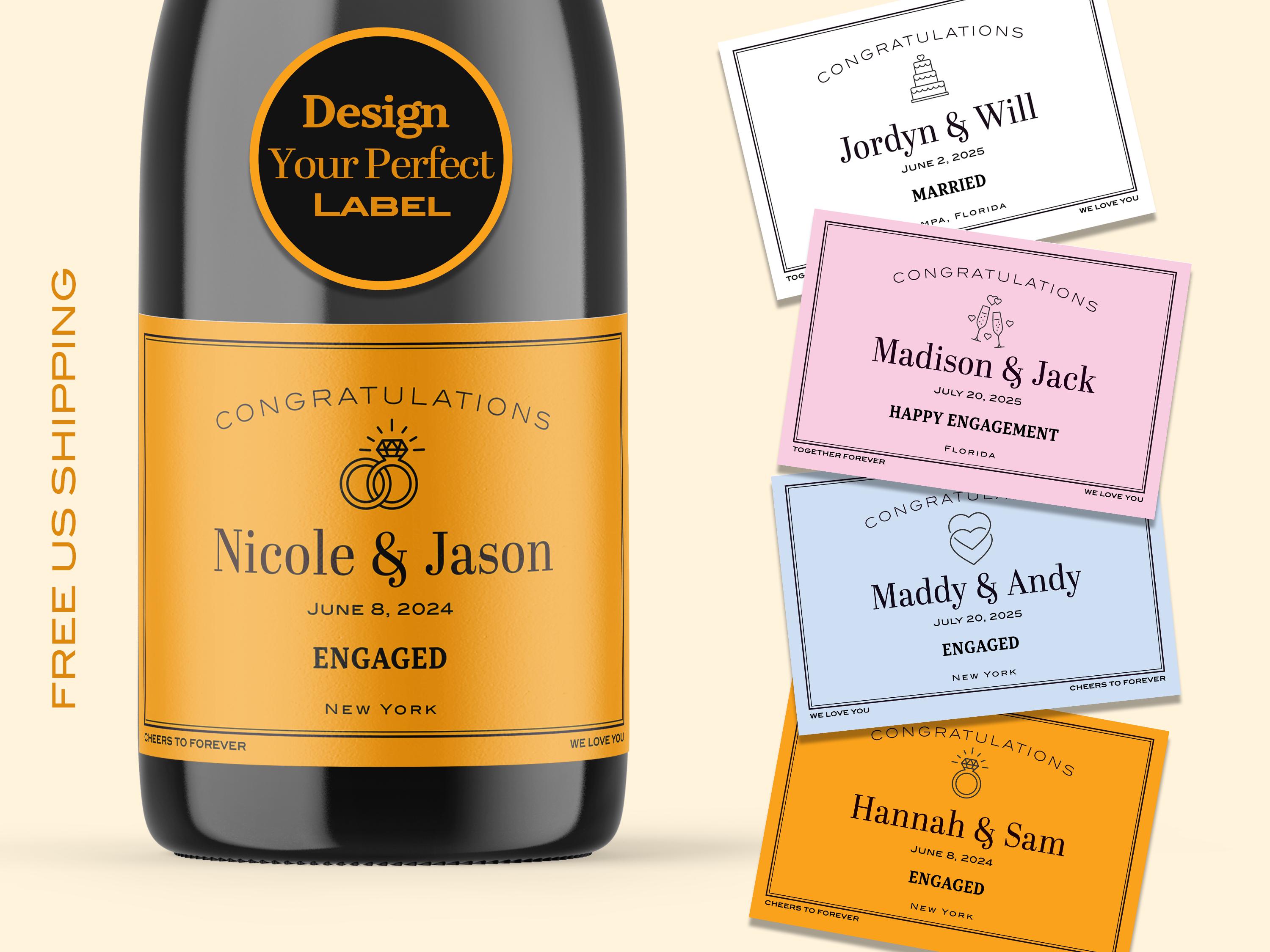 Custom Champagne Label for Weddings, Engagements & Bachelorette Parties - Personalized Celebration Favors and Gifts. Yellow, Rose and White.