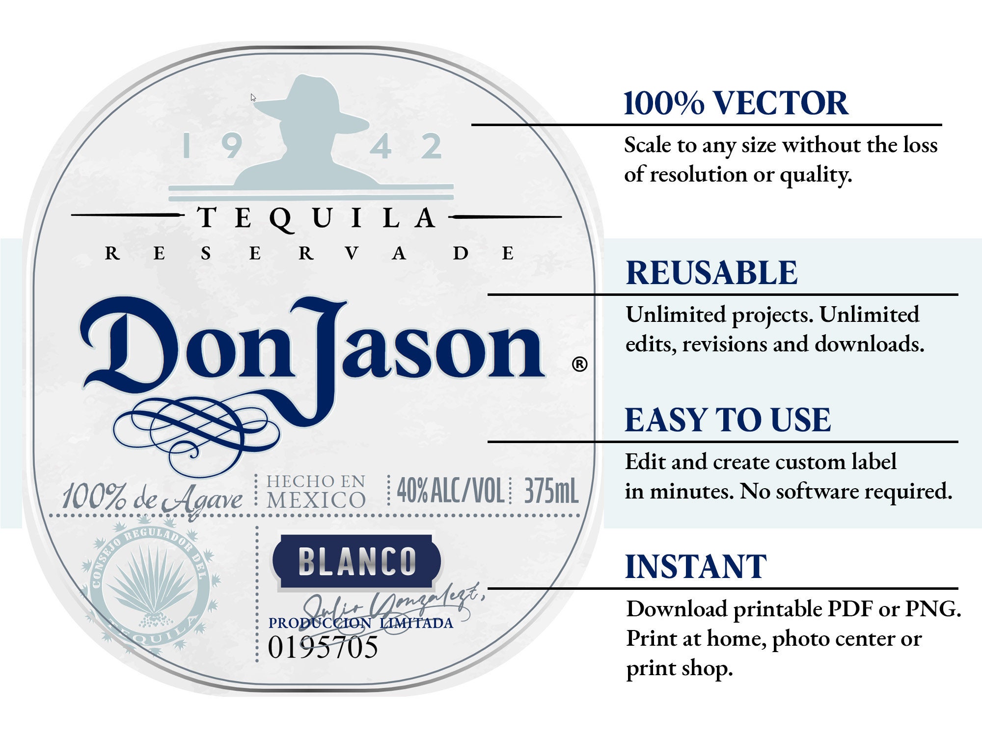 Don Julio Blanco Label Replica - Instant Digital Download - Easy to Personalize Template