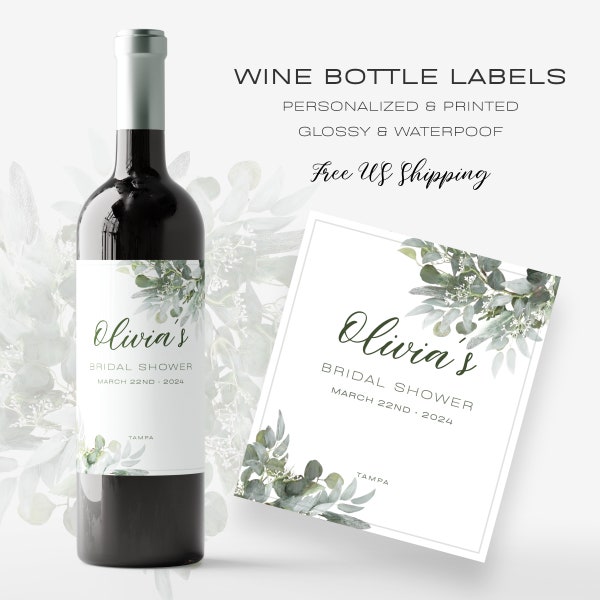 Wine Bottle Labels. Eucalyptus Styled Label for Personalization. Free Proofing. Free US Shipping.