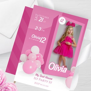 Pink Doll Box Party Invitation. Editable and Customizable Pink Dollie 5x7" and A6 Card. Instant Download.