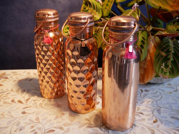 Real Copper Water Bottle Set Of 3 India Bottles Metal Reusable In Bulk Gift For Bridesmaids - Copper Storage Containers India Real Copper Water Bottle Set Of 3 India Bottles Metal Reusable In Bulk Gift For Bridesmaids - Copper Storage Containers India