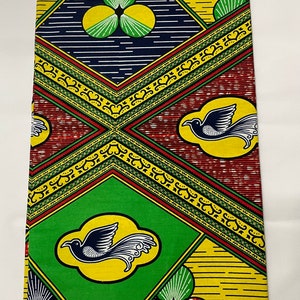 Bird Pattern Ankara Fabric: Dark Blue, Yellow, Green, Burgundy (Per Yard)