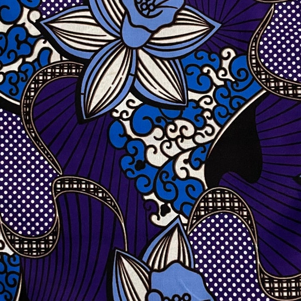African Wax Print / 100% Cotton Fabric / Ankara Wax Print/ White / cobalt - Blue / Purple / Coffee /Cornflower-Blue / Black /( Per Yard)