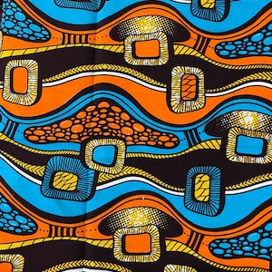 GTP African Wax Print Fabric: Brown, Orange, Blue Cotton Ankara (Per Yard)
