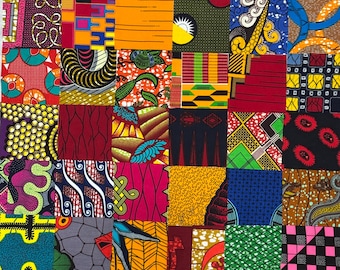 May include: A patchwork of colorful African wax print fabrics. The squares feature a variety of patterns, including geometric shapes, floral designs, and abstract motifs. The color palette includes vibrant reds, yellows, blues, and greens.