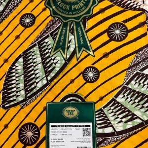 Vlisco African Wax Print Fabric: Yellow, Brown, Green - 6 Yards