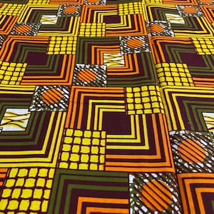 GTP African Wax Print Fabric: Olive, Burgundy, Orange, Yellow (Per Yard)