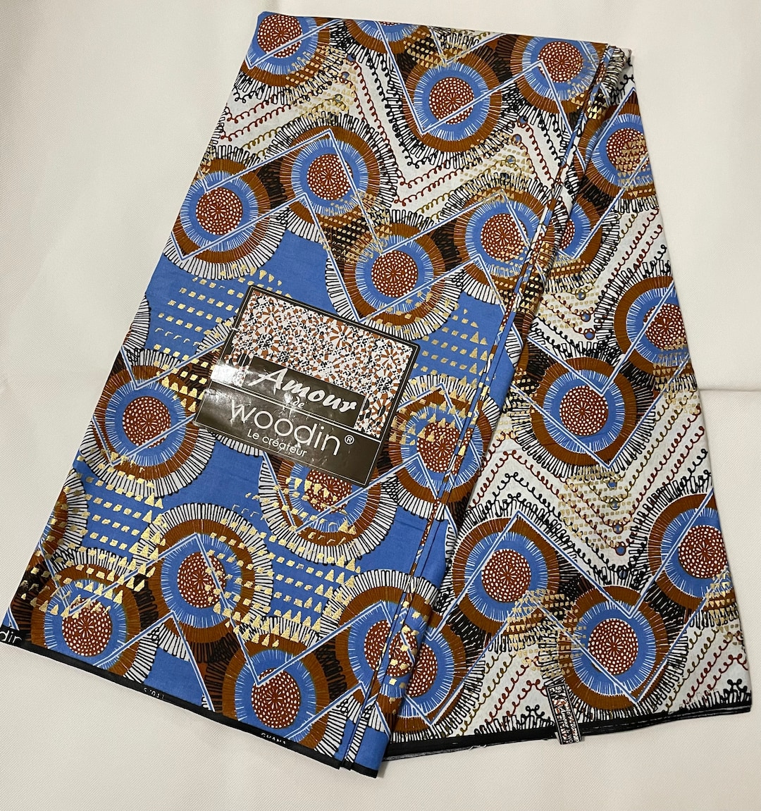 Cotton Ankara Wax Print Fabric with Oversized Fan & Paisley Pattern on Gold Crackle Base main image 0