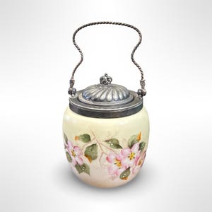 Antique Victorian Glass Biscuit Jar Hand Painted Wild Rose Floral Design Twisted Metal Handle