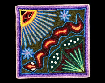 Huichol Yarn Painting Mexican Folk Art Tile Signed, 5.75” x 5.75”