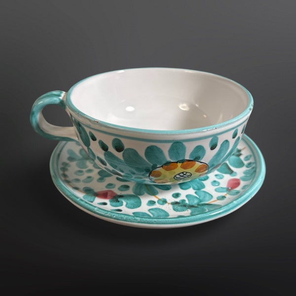 Beautiful Italian Hand Painted Oversized Cappuccino Cup And Saucer