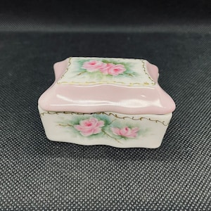 Hand Painted Pink Floral Porcelain Small Trinket Box Signed Vintage