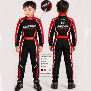May include: A black and red racing suit featuring the text CUSTOM RACING on the chest and belt. The back displays the name FAIZAN, the word PAKISTAN, and a national flag. A small circular inset shows the shoulder detail. A customisation chart is included.