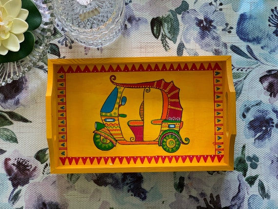 Auto Rickshaw Hand Painted Tray | Serving Tray | Indian Truck Art | Rickshaw Painting  Home Decor | Wood Tray | TUK TUK| Decorative Tray