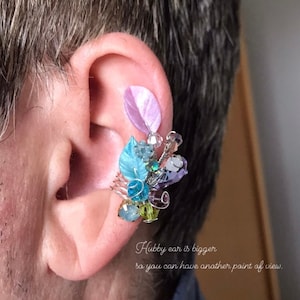 Colourful floral flower ear cuff earring rainbow accessory fairy wrap cartilage non piercing polymer clay leaf silver crystal bridesmaids