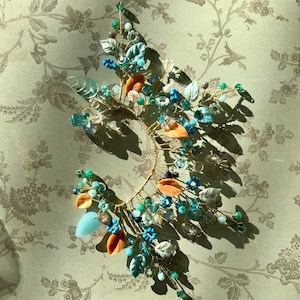 Light blue floral ear cuff earring Polymer clay wedding flower leaf wrap Fairy climber boho hippie chandelier earrings colorful statement