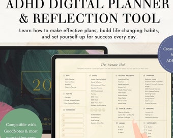 Planificador diario 2025 Planificador digital para TDAH para GoodNotes Herramienta de reflexión para iPad Planificador digital para adultos con TDAH Herramienta de organización y productividad
