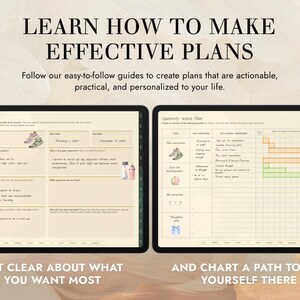 Puede incluir: Un planificador digital con fondo beige y texto negro. La p&aacute;gina izquierda tiene el t&iacute;tulo "Goal Breakdown" y la p&aacute;gina derecha tiene el t&iacute;tulo "Quarterly Action Plan". El planificador est&aacute; dise&ntilde;ado para ayudar a las personas a crear planes viables, pr&aacute;cticos y personalizados.