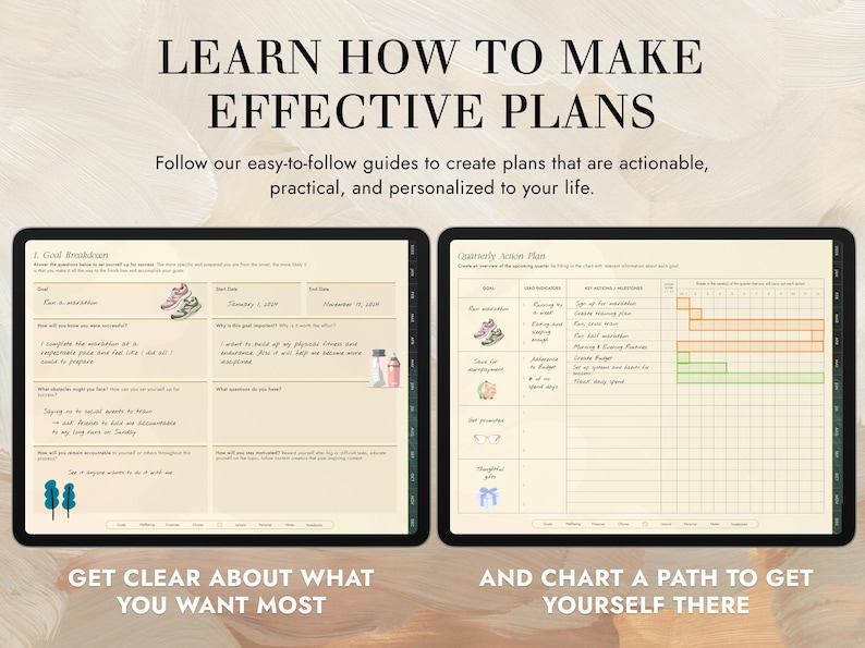 Puede incluir: Un planificador digital con fondo beige y texto negro. La p&aacute;gina izquierda tiene el t&iacute;tulo "Goal Breakdown" y la p&aacute;gina derecha tiene el t&iacute;tulo "Quarterly Action Plan". El planificador est&aacute; dise&ntilde;ado para ayudar a las personas a crear planes viables, pr&aacute;cticos y personalizados.