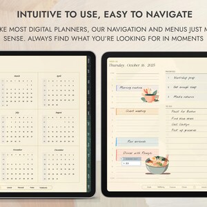 Puede incluir: Una interfaz de aplicaci&oacute;n de planificador digital con una vista de calendario para el a&ntilde;o, una vista de planificador diario para el jueves 16 de octubre de 2025 y una lista de tareas. La vista del planificador diario incluye una secci&oacute;n para prioridades, una lista de tareas y una lista de la compra. La aplicaci&oacute;n tiene un dise&ntilde;o limpio y moderno con un fondo beige claro e ilustraciones de una taza de caf&eacute;, un taz&oacute;n de fideos y una flor.
