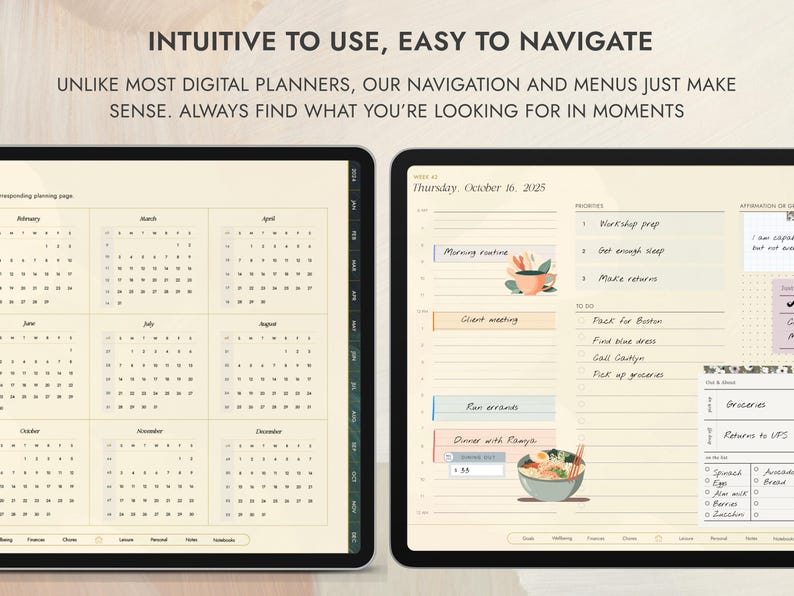 Puede incluir: Una interfaz de aplicaci&oacute;n de planificador digital con una vista de calendario para el a&ntilde;o, una vista de planificador diario para el jueves 16 de octubre de 2025 y una lista de tareas. La vista del planificador diario incluye una secci&oacute;n para prioridades, una lista de tareas y una lista de la compra. La aplicaci&oacute;n tiene un dise&ntilde;o limpio y moderno con un fondo beige claro e ilustraciones de una taza de caf&eacute;, un taz&oacute;n de fideos y una flor.