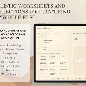Puede incluir: Una hoja de trabajo titulada "Reflexi&oacute;n sobre el dinero" con preguntas sobre finanzas y h&aacute;bitos financieros. La hoja de trabajo forma parte de un conjunto m&aacute;s amplio de hojas de trabajo y reflexiones dise&ntilde;adas para aportar alineaci&oacute;n y armon&iacute;a en todas las &aacute;reas de la vida.