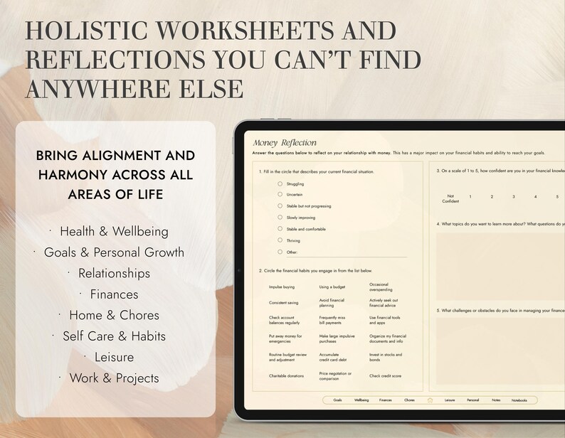 Puede incluir: Una hoja de trabajo titulada "Reflexi&oacute;n sobre el dinero" con preguntas sobre finanzas y h&aacute;bitos financieros. La hoja de trabajo forma parte de un conjunto m&aacute;s amplio de hojas de trabajo y reflexiones dise&ntilde;adas para aportar alineaci&oacute;n y armon&iacute;a en todas las &aacute;reas de la vida.