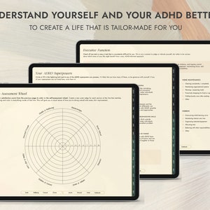 Puede incluir: Un planificador digital con el texto "Entiende tu TDAH y a ti mismo mejor" y "Crea una vida hecha a tu medida". El planificador incluye una rueda de autoevaluaci&oacute;n y una lista de superpoderes del TDAH.