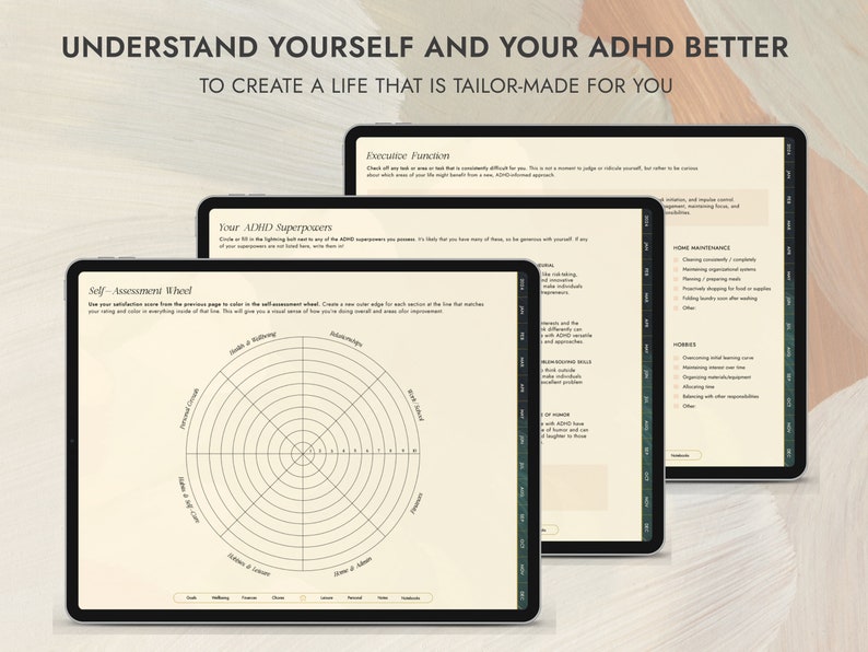 Puede incluir: Un planificador digital con el texto "Entiende tu TDAH y a ti mismo mejor" y "Crea una vida hecha a tu medida". El planificador incluye una rueda de autoevaluaci&oacute;n y una lista de superpoderes del TDAH.