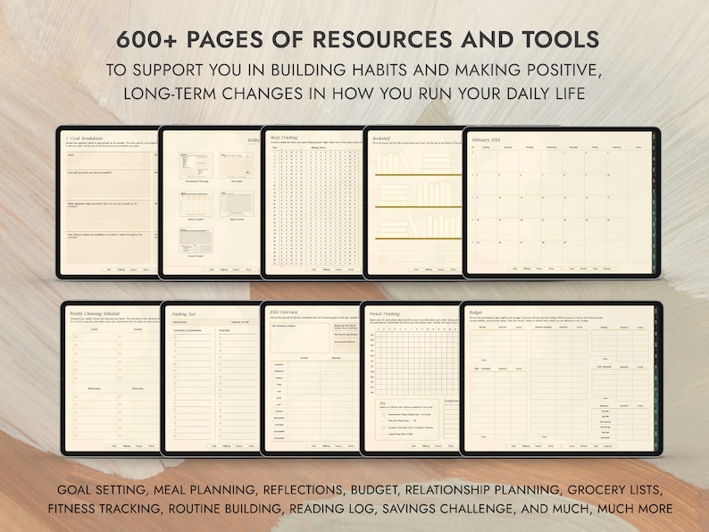 Puede incluir: Un planificador digital con m&aacute;s de 600 p&aacute;ginas de recursos y herramientas para ayudarte a crear h&aacute;bitos, hacer cambios positivos y administrar tu vida diaria. Incluye p&aacute;ginas para establecer objetivos, planificar comidas, reflexiones, presupuestar, planificar relaciones, listas de compras, seguimiento del estado f&iacute;sico, creaci&oacute;n de rutinas, registros de lectura, desaf&iacute;os de ahorro y mucho m&aacute;s.