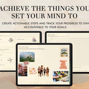 Puede incluir: Tres p&aacute;ginas de planificador digital con una cita motivacional: "Logra lo que te propongas. Crea pasos viables y haz un seguimiento de tu progreso para mantenerte responsable de tus objetivos."