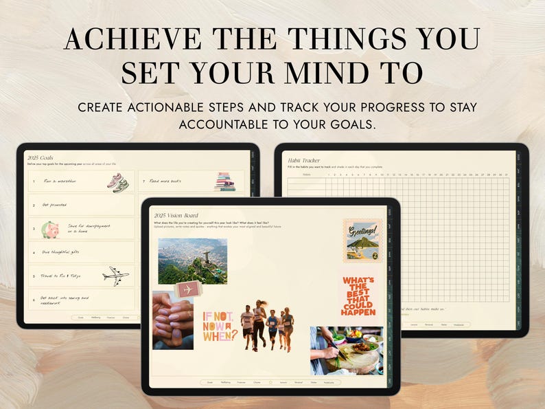 Puede incluir: Tres p&aacute;ginas de planificador digital con una cita motivacional: "Logra lo que te propongas. Crea pasos viables y haz un seguimiento de tu progreso para mantenerte responsable de tus objetivos."