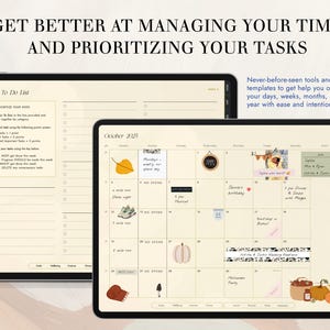 Puede incluir: Un planificador digital con una lista de tareas semanal y una vista de calendario mensual. El calendario es para octubre de 2025 y presenta un tema oto&ntilde;al con ilustraciones de calabazas, hojas y una chimenea acogedora. El texto "Herramientas y plantillas nunca antes vistas para ayudarte a organizar tus d&iacute;as, semanas, meses y a&ntilde;o con facilidad e intenci&oacute;n." se muestra en la parte superior derecha.