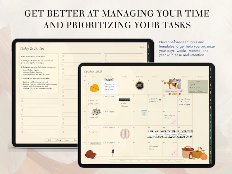 Puede incluir: Un planificador digital con una lista de tareas semanal y una vista de calendario mensual. El calendario es para octubre de 2025 y presenta un tema oto&ntilde;al con ilustraciones de calabazas, hojas y una chimenea acogedora. El texto "Herramientas y plantillas nunca antes vistas para ayudarte a organizar tus d&iacute;as, semanas, meses y a&ntilde;o con facilidad e intenci&oacute;n." se muestra en la parte superior derecha.