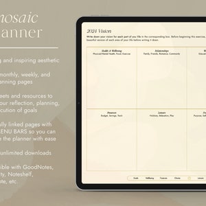 Puede incluir: Un planificador digital con el texto "mosaic planner" y "2024 Vision" sobre un fondo blanco. El planificador est&aacute; dividido en nueve secciones, cada una con una categor&iacute;a diferente, como "Salud y Bienestar", "Relaciones" y "Crecimiento Personal".