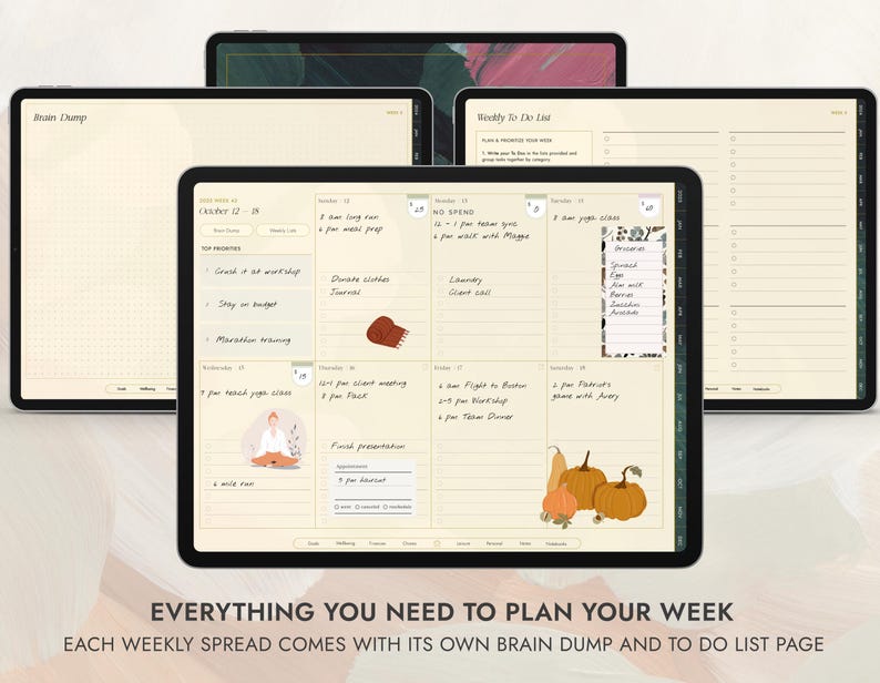 Puede incluir: Una p&aacute;gina de planificaci&oacute;n semanal con una p&aacute;gina de descarga de cerebro y una p&aacute;gina de lista de tareas. El planificador presenta un dise&ntilde;o de cuadr&iacute;cula con secciones para tareas diarias, notas y recordatorios. La p&aacute;gina de descarga de cerebro tiene un patr&oacute;n de cuadr&iacute;cula para la lluvia de ideas. La p&aacute;gina de lista de tareas tiene un formato de lista para organizar las tareas.