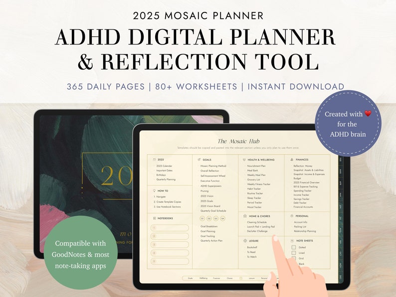Puede incluir: Un planificador digital para 2025 con el texto "ADHD Digital Planner & Reflection Tool" sobre un fondo azul claro. El planificador est&aacute; abierto en la pantalla de una tableta y muestra una cuadr&iacute;cula de categor&iacute;as para la fijaci&oacute;n de objetivos, la salud, las finanzas, el hogar, el ocio y las notas. El texto "The Mosaic Hub" est&aacute; en la parte superior del planificador. El texto "Creado con ❤️ para el cerebro TDAH" est&aacute; en un c&iacute;rculo en el lado derecho de la imagen.