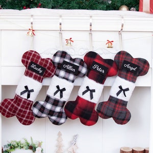 Buffalo Plaid Dog Stockings Personalized Dog Stockings with Bow for Christmas Decoration Custom Dog Bone Stockings Christmas Gifts for Dogs
