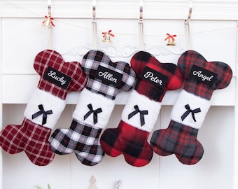 Personalized Dog Christmas Stockings: Buffalo Plaid Bone Shape with Bow Holiday Pet Gift