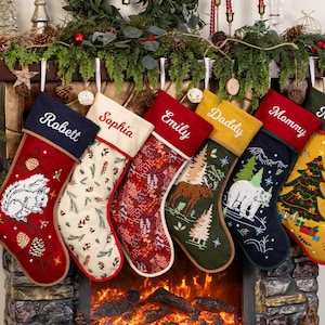 Personalized Christmas Stockings Embroidered Rustic Stocking With Hemmed Edges for Family Custom Name Vintage Stockings Farmhouse Xmas Decor