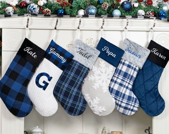 Christmas Stockings Personalized Holiday Stockings Blue Plaid Stocking For Family Gift  Embroidered Name Stockings for Christmas Decoration
